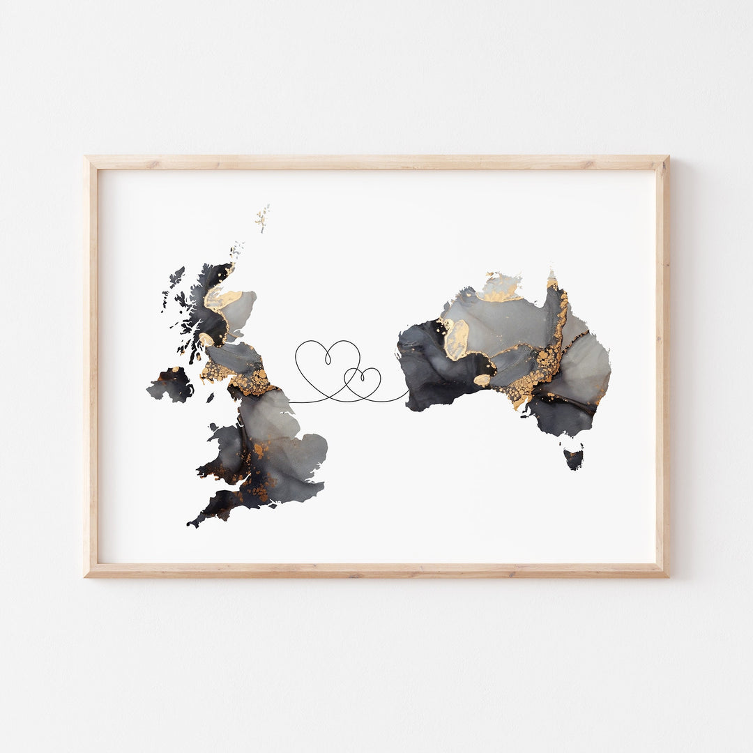 Custom Any Two Countries Map Blue & Gold Travel Wall Art Print (Not Possible to Deliver For Christmas)
