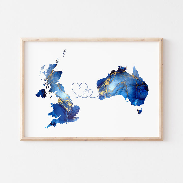 Custom Any Two Countries Map Blue & Gold Travel Wall Art Print (Not Possible to Deliver For Christmas)