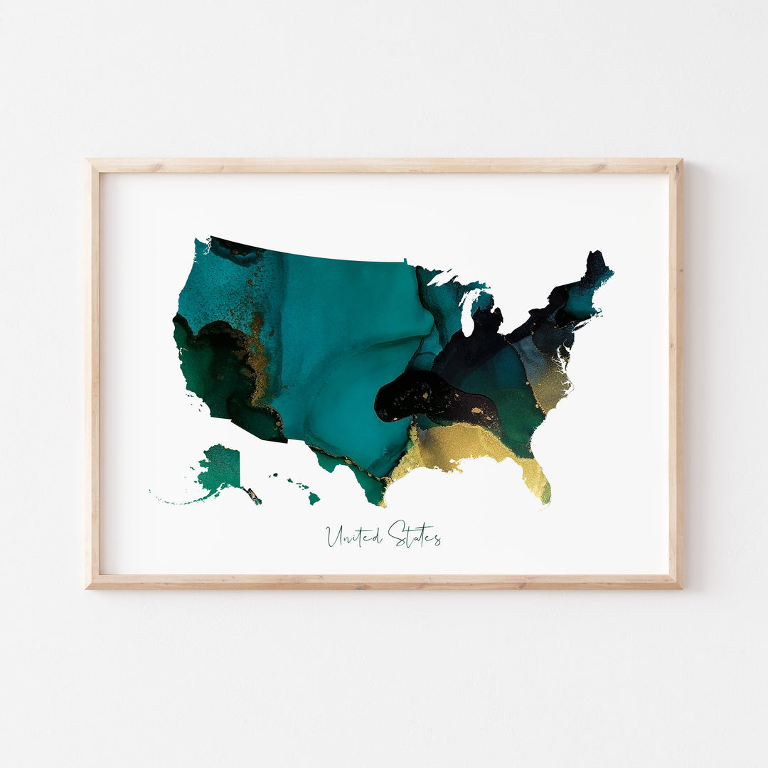 United States Map Green & Gold Wall Art Print | USA | America