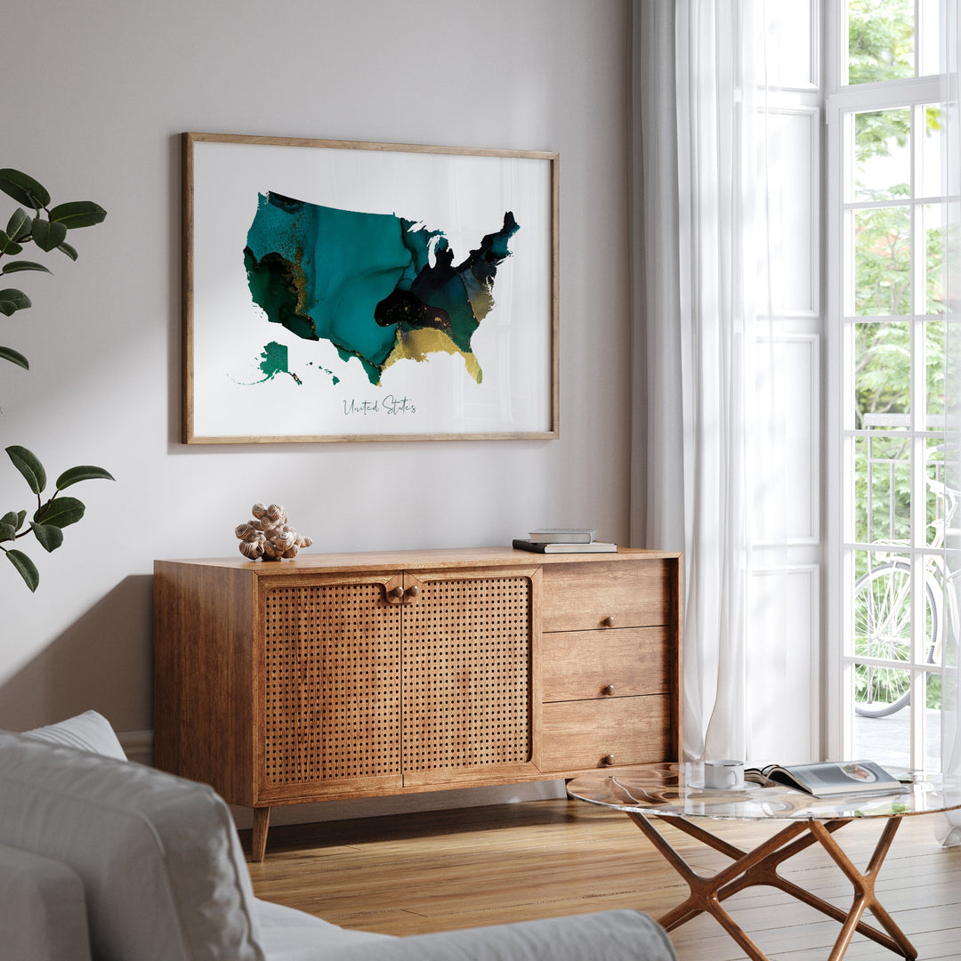 United States Map Green & Gold Wall Art Print | USA | America