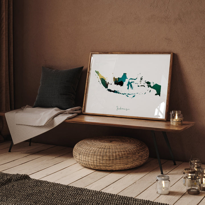 Indonesia Map Green & Gold Wall Art Print