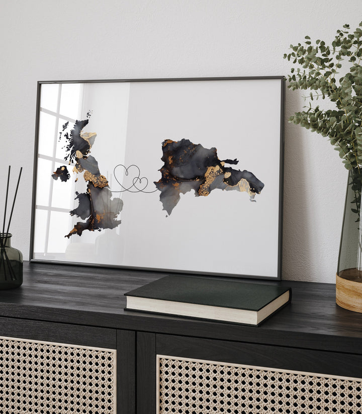 Britain and Dominican Republic Map Black & Gold Travel Wall Art Print | United Kingdom | UK