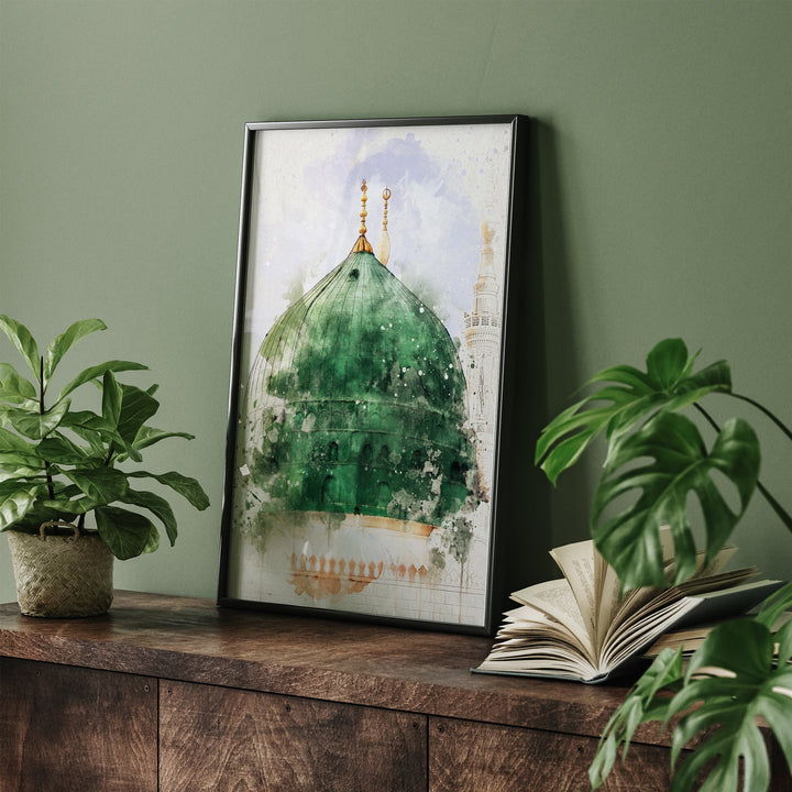 Madinah Masjid Nabwi Islamic Wall Art Print Green Watercolour Green Dome Prophet Muhammad