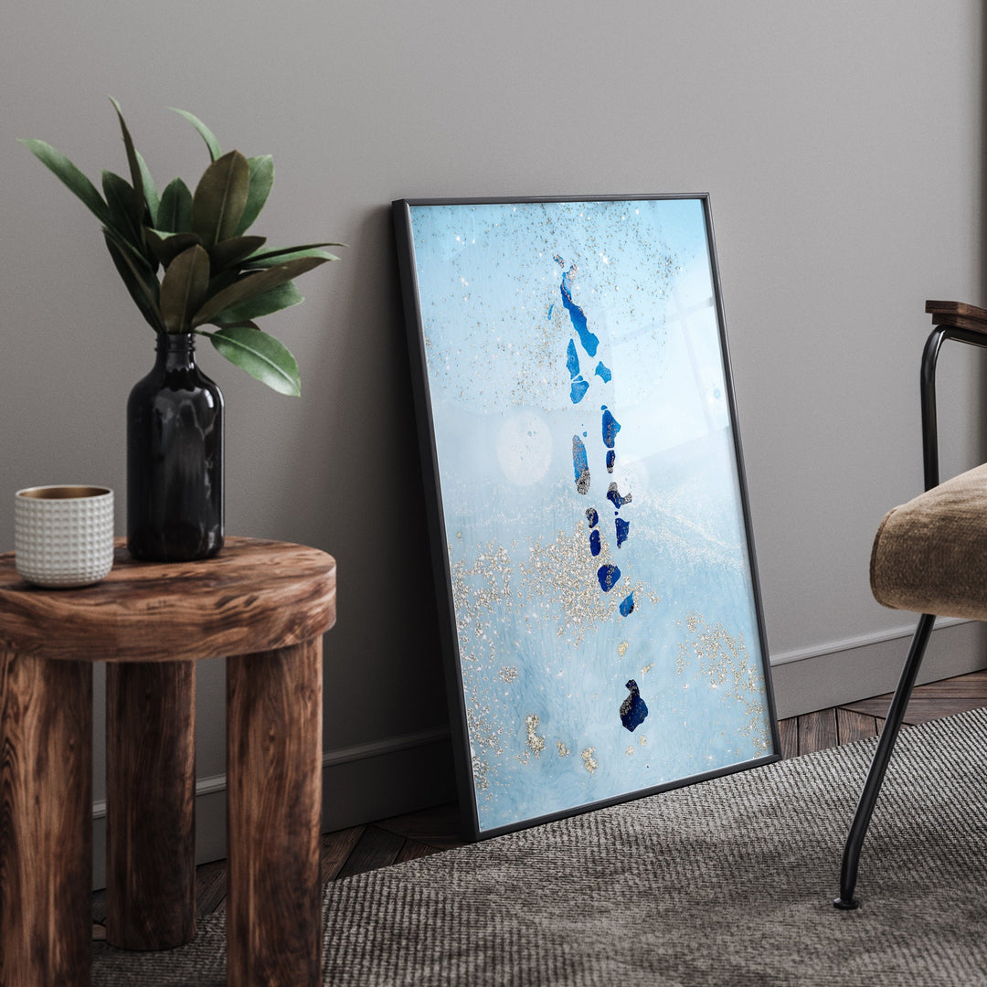 Maldives Map Shades of Blue & Silver Wall Art Print
