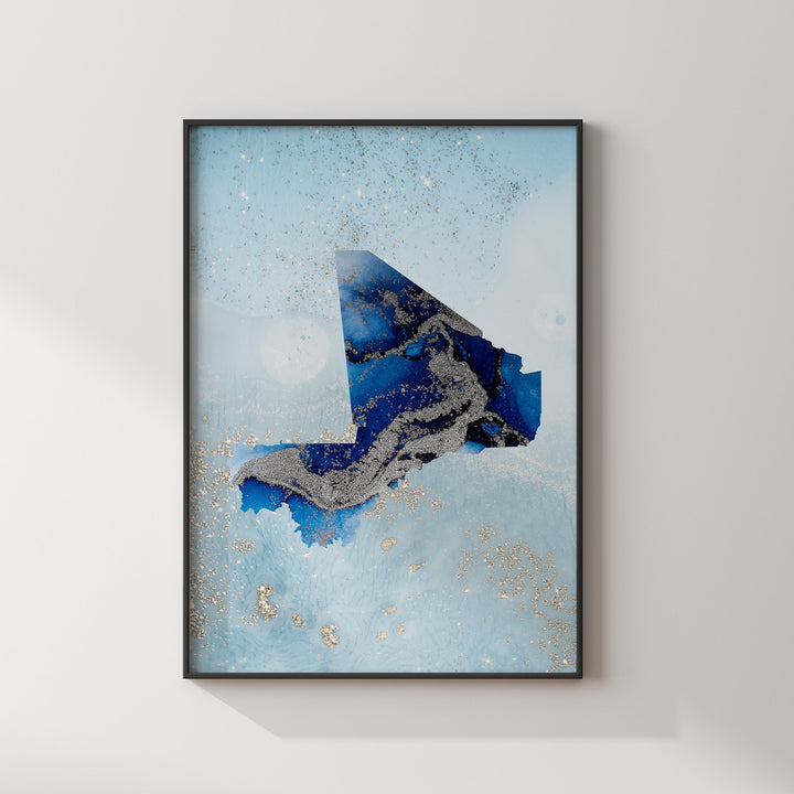 Mali Map Shades of Blue & Silver Wall Art Print