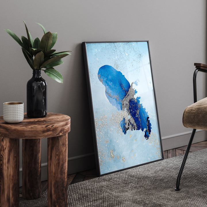 Martinique Map Shades of Blue & Silver Wall Art Print