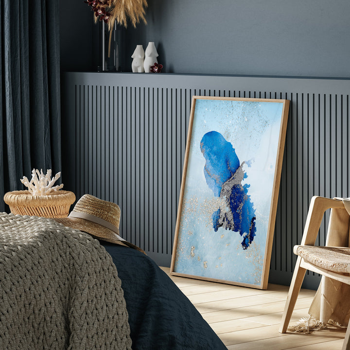 Martinique Map Shades of Blue & Silver Wall Art Print