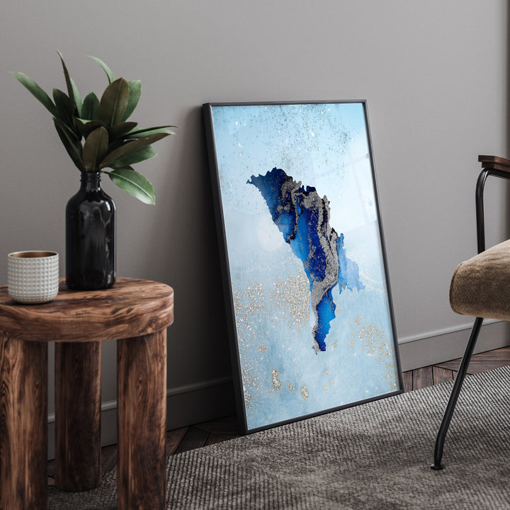 Moldova Map Shades of Blue & Silver Wall Art Print
