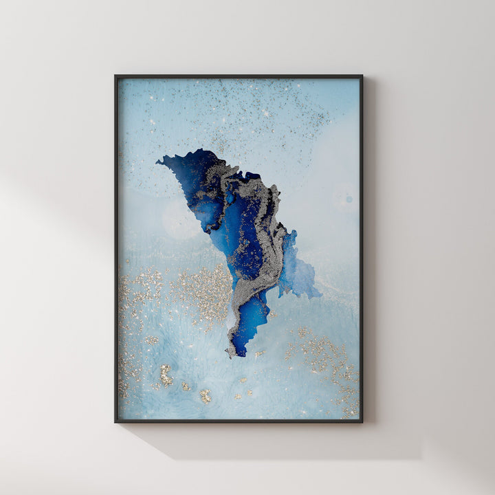Moldova Map Shades of Blue & Silver Wall Art Print