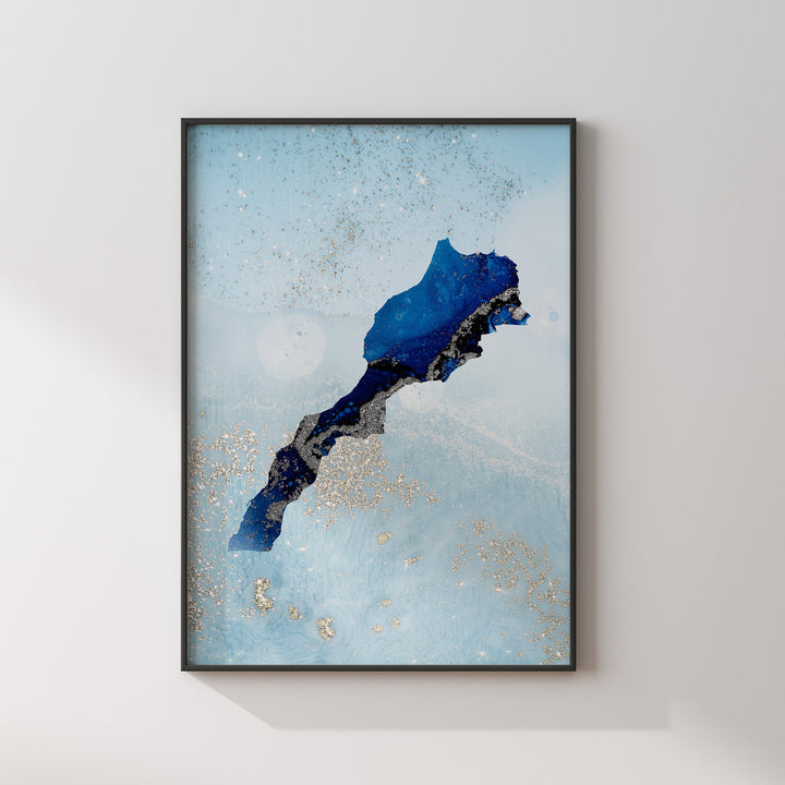 Morocco Map Shades of Blue & Silver Wall Art Print
