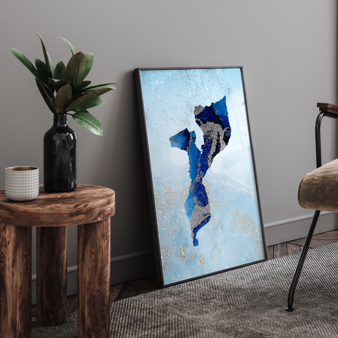 Mozambique Map Shades of Blue & Silver Wall Art Print