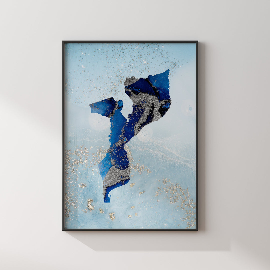 Mozambique Map Shades of Blue & Silver Wall Art Print