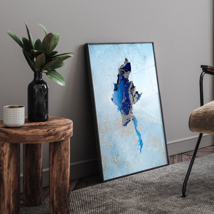 Myanmar Map Shades of Blue & Silver Wall Art Print