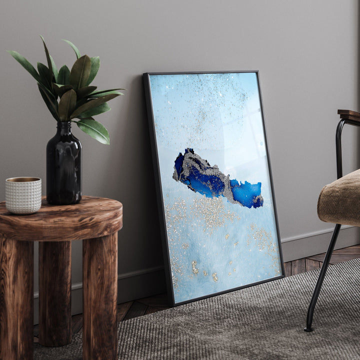 Nepal Map Shades of Blue & Silver Wall Art Print