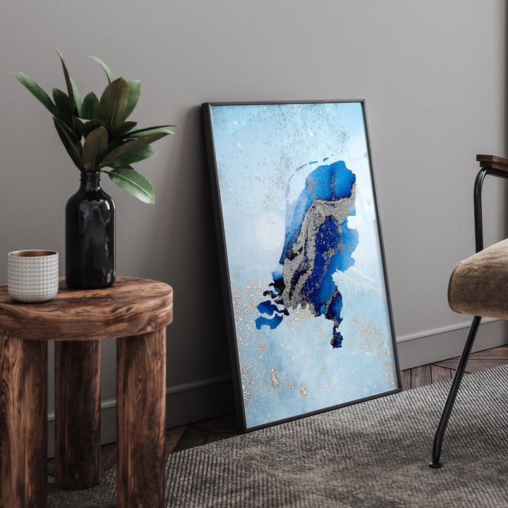 Netherlands Map Shades of Blue & Silver Wall Art Print