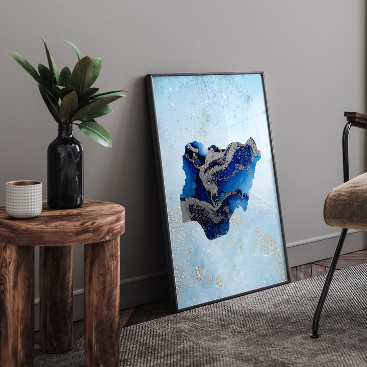 Nigeria Map Shades of Blue & Silver Wall Art Print