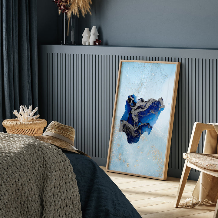 Nigeria Map Shades of Blue & Silver Wall Art Print