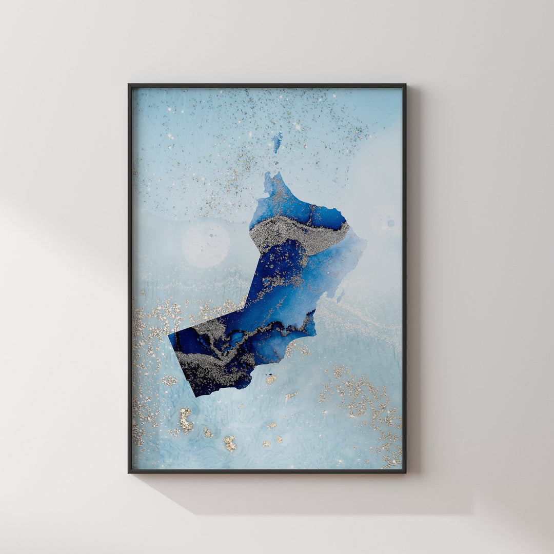 Oman Map Shades of Blue & Silver Wall Art Print