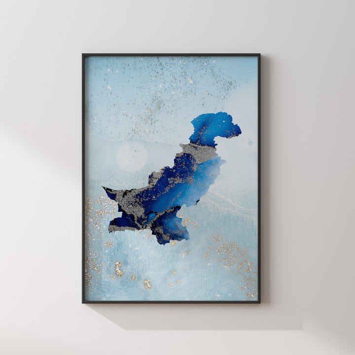 Pakistan Map Shades of Blue & Silver Wall Art Print