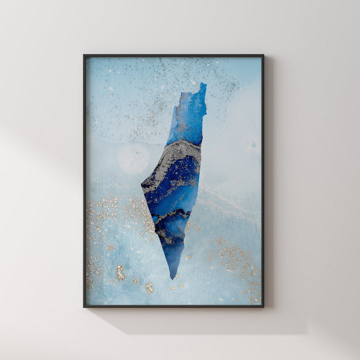 Palestine Map Shades of Blue & Silver Wall Art Print
