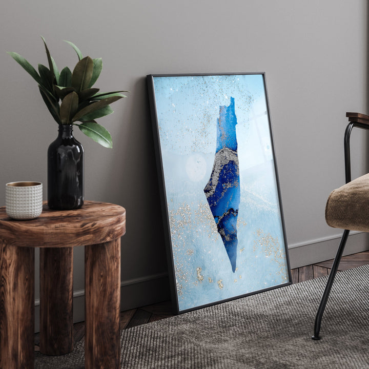 Palestine Map Shades of Blue & Silver Wall Art Print
