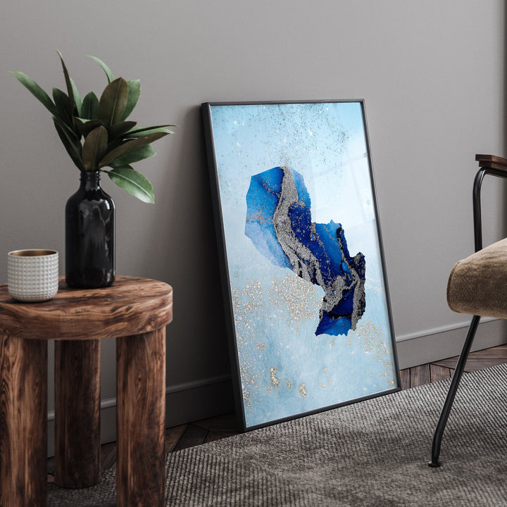 Papua New Guinea Map Shades of Blue & Silver Wall Art Print