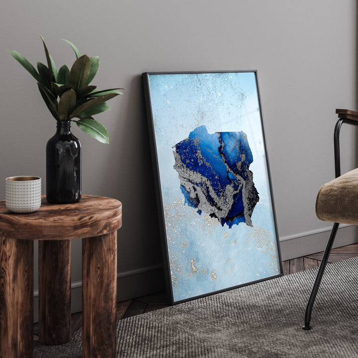 Poland Map Shades of Blue & Silver Wall Art Print