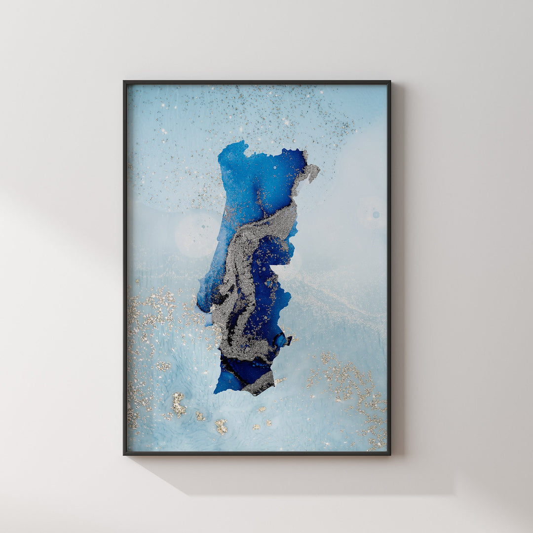 Portugal Map Shades of Blue & Silver Wall Art Print