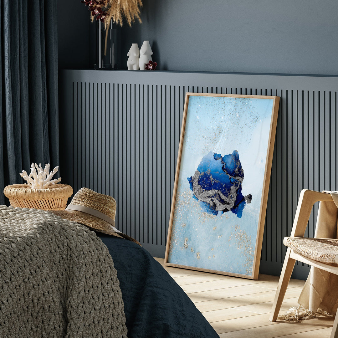 Romania Map Shades of Blue & Silver Wall Art Print