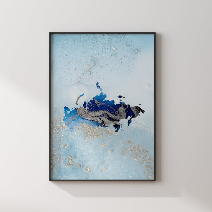 Russia Map Shades of Blue & Silver Wall Art Print