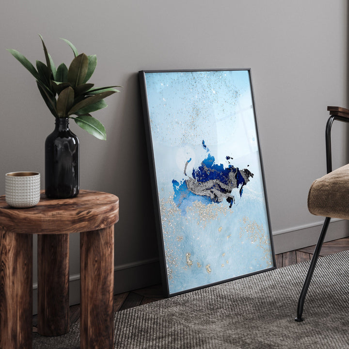 Russia Map Shades of Blue & Silver Wall Art Print