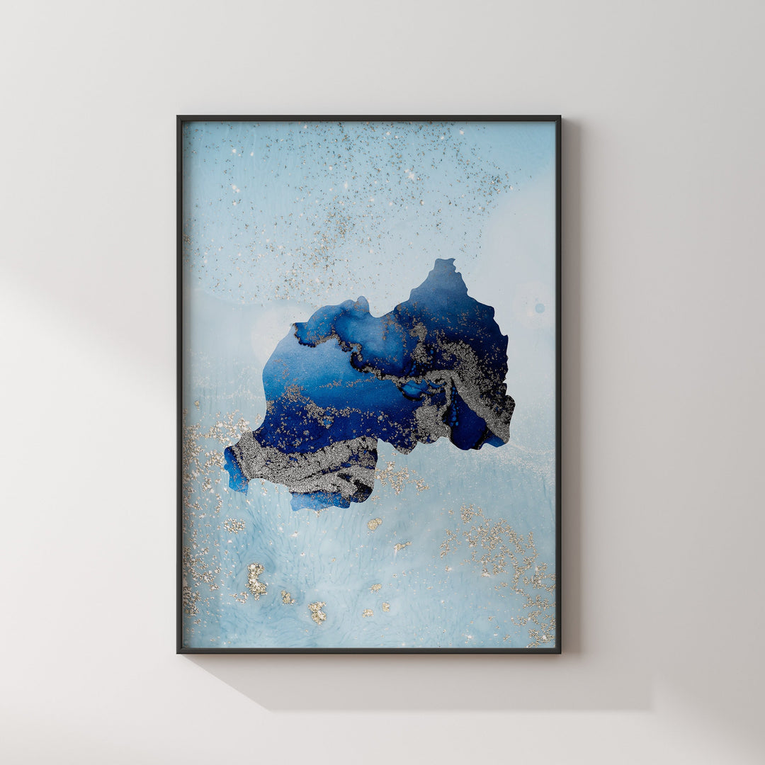Rwanda Map Shades of Blue & Silver Wall Art Print