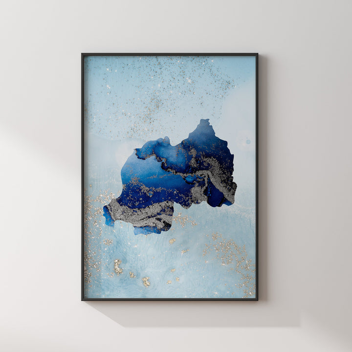 Rwanda Map Shades of Blue & Silver Wall Art Print