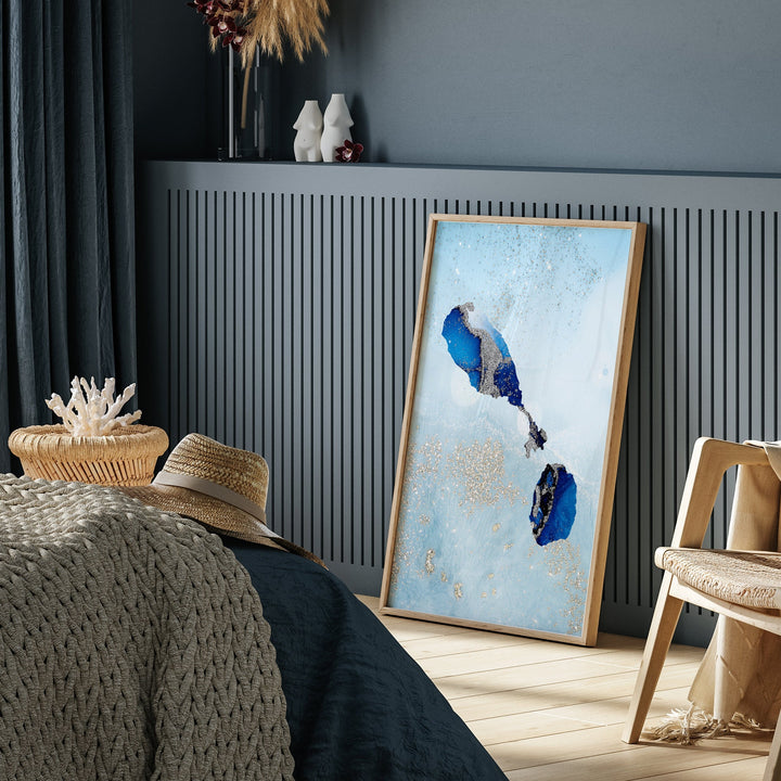 Saint Kitts and Nevis Map Shades of Blue & Silver Wall Art Print