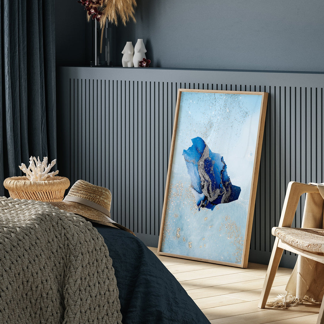 Saudi Arabia Map Shades of Blue & Silver Wall Art Print