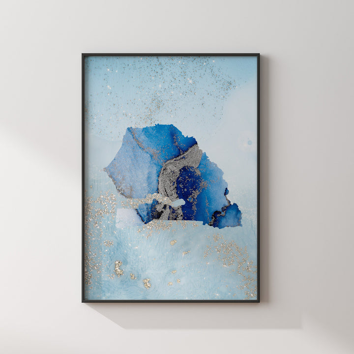 Senegal Map Shades of Blue & Silver Wall Art Print