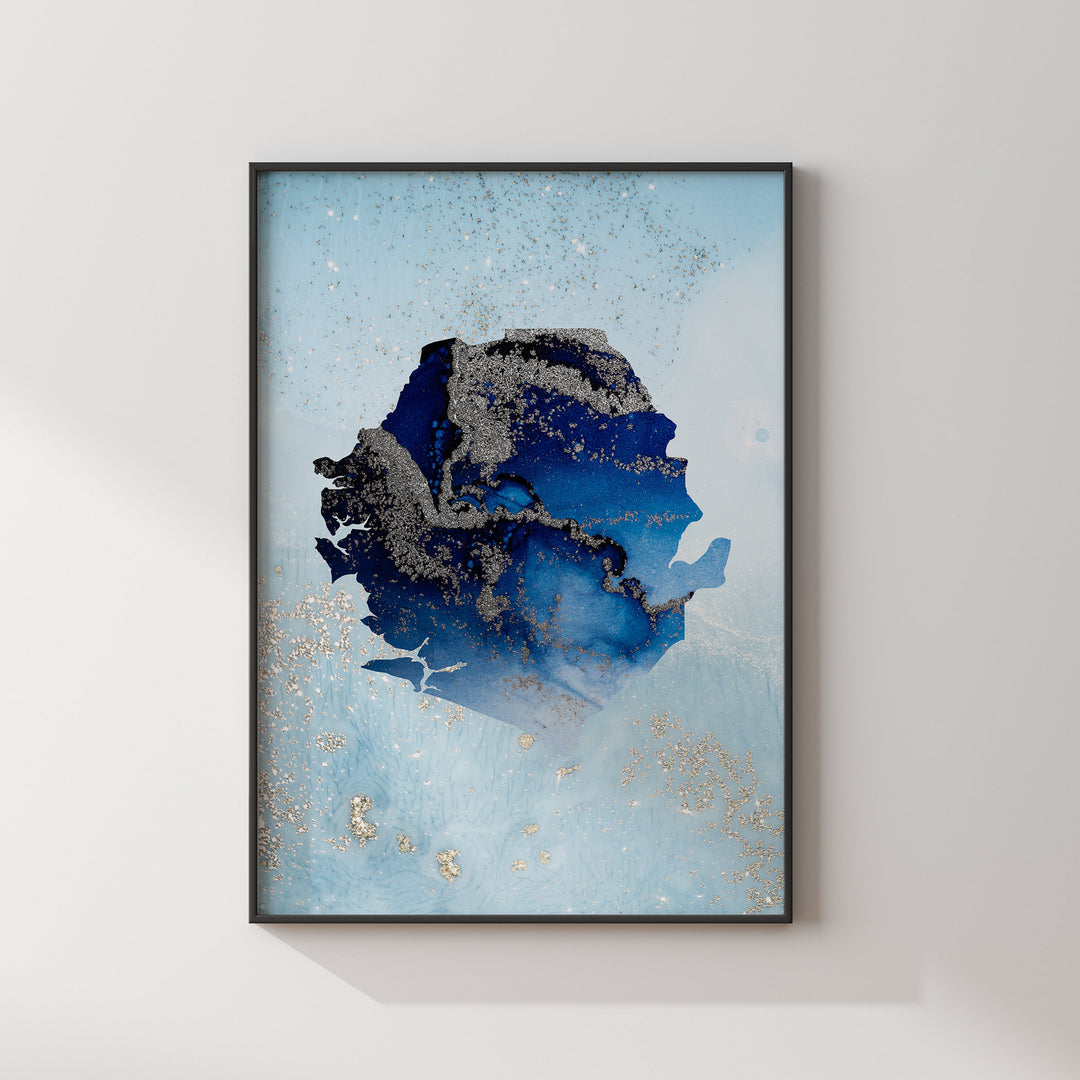 Sierra Leone Map Shades of Blue & Silver Wall Art Print