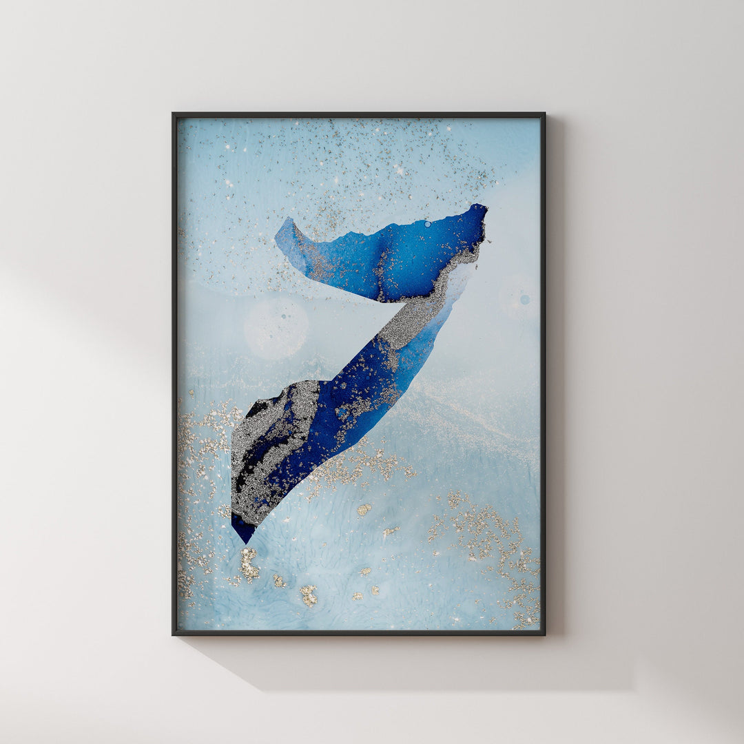 Somalia Map Shades of Blue & Silver Wall Art Print