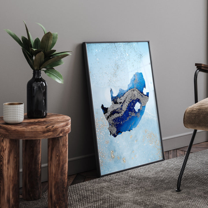 South Africa Map Shades of Blue & Silver Wall Art Print