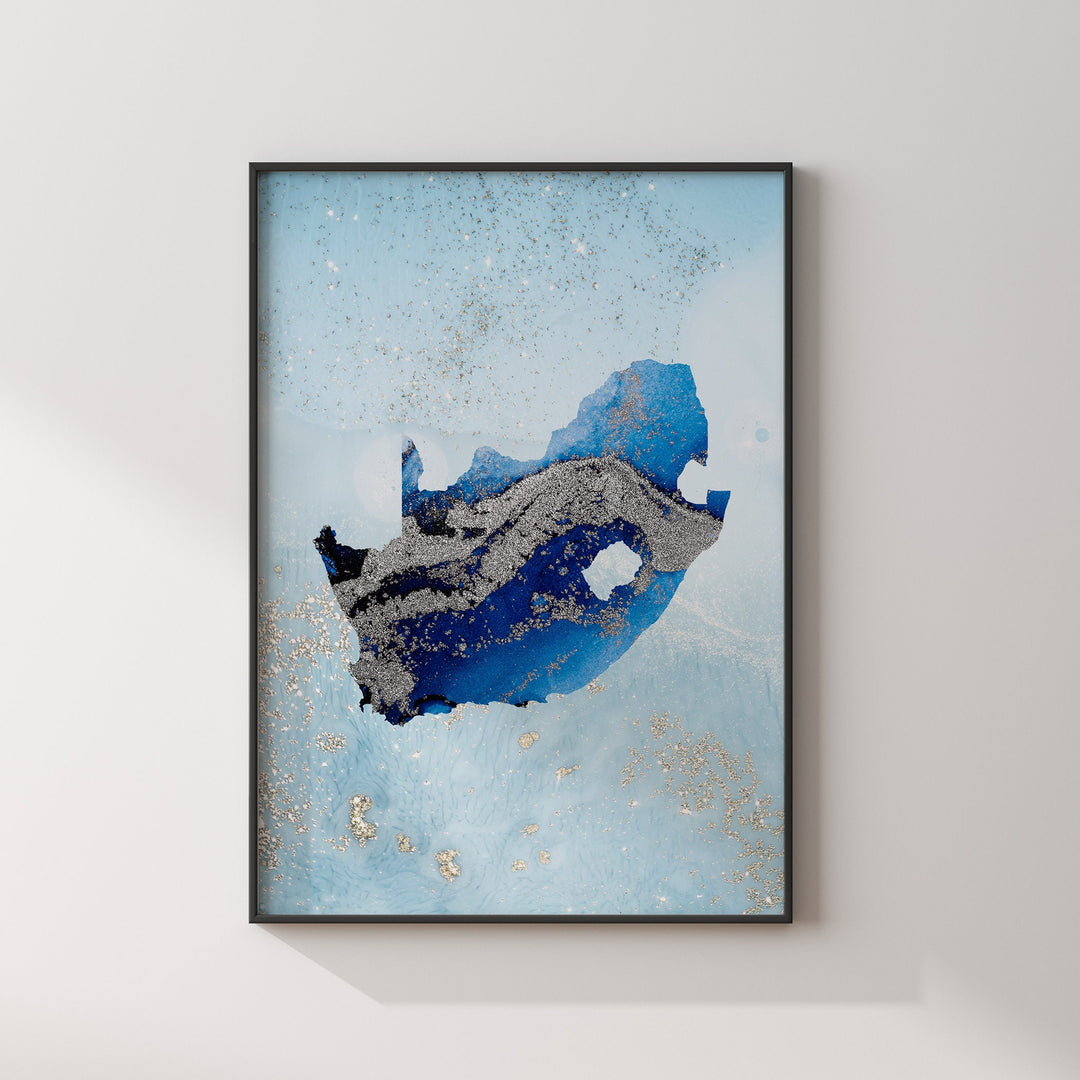 South Africa Map Shades of Blue & Silver Wall Art Print