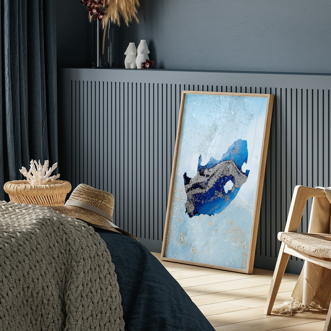 South Africa Map Shades of Blue & Silver Wall Art Print