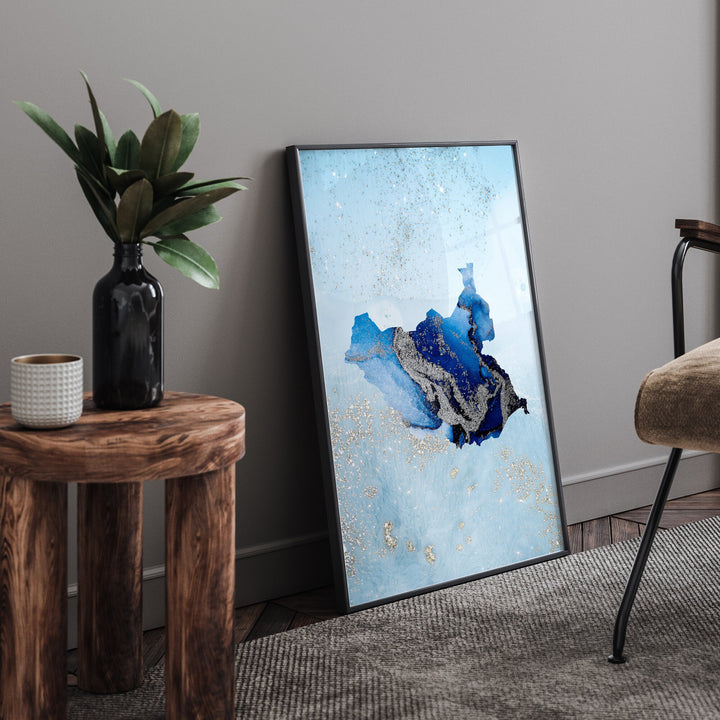 South Sudan Map Shades of Blue & Silver Wall Art Print