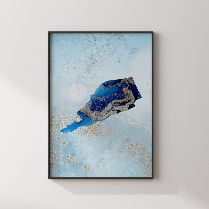 South Yemen Map Shades of Blue & Silver Wall Art Print