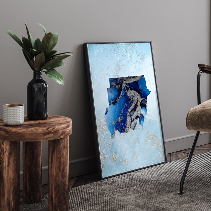 Sudan Map Shades of Blue & Silver Wall Art Print