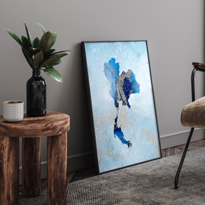Thailand Map Shades of Blue & Silver Wall Art Print