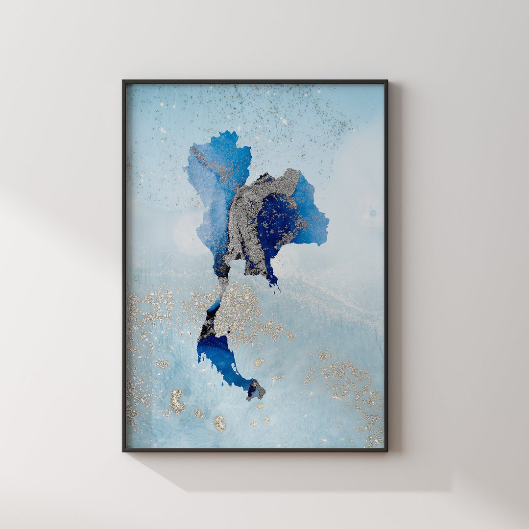 Thailand Map Shades of Blue & Silver Wall Art Print