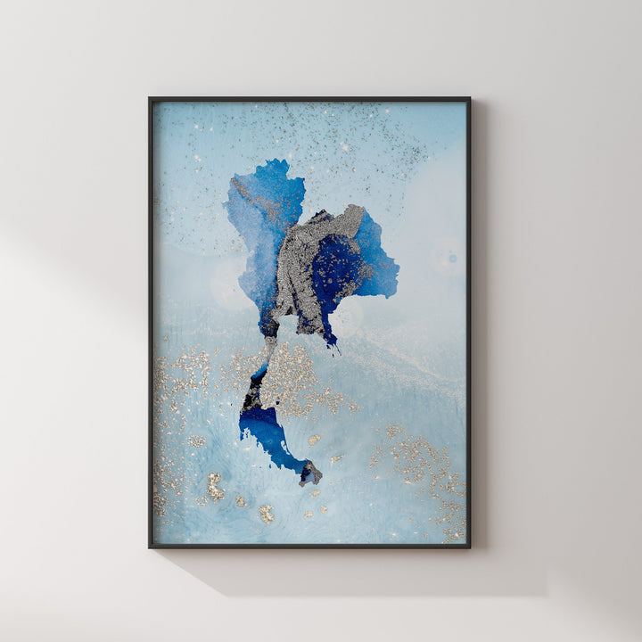 Thailand Map Shades of Blue & Silver Wall Art Print