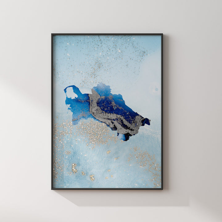 Turkmenistan Map Shades of Blue & Silver Wall Art Print