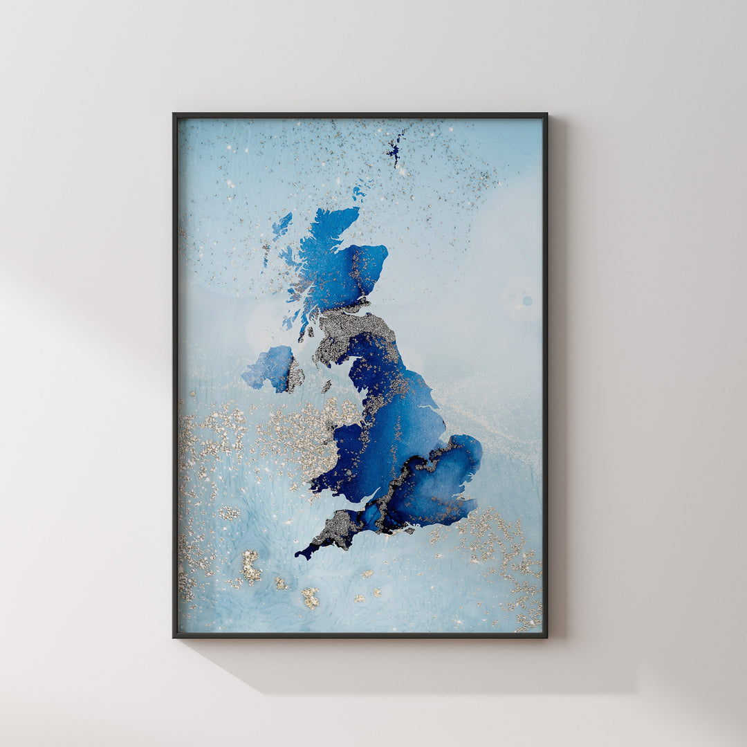 United Kingdom Map Shades of Blue & Silver Wall Art Print