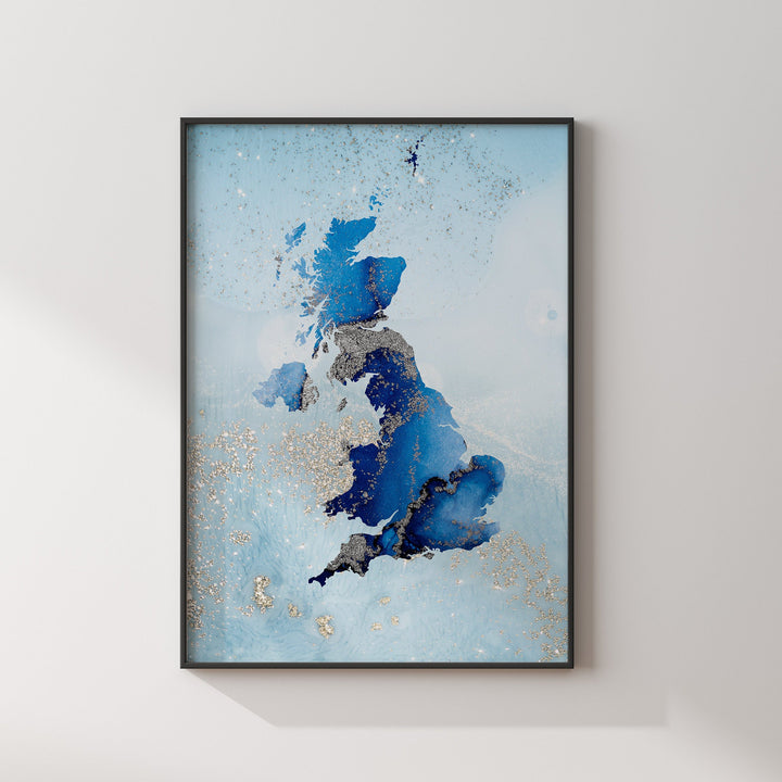 United Kingdom Map Shades of Blue & Silver Wall Art Print